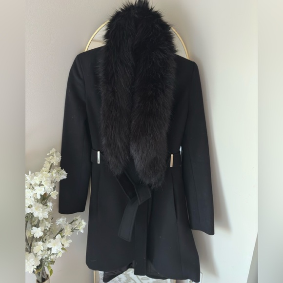 Calvin Klein Faux Fur Collar Black Belted Wrap Coat - Picture 9 of 13